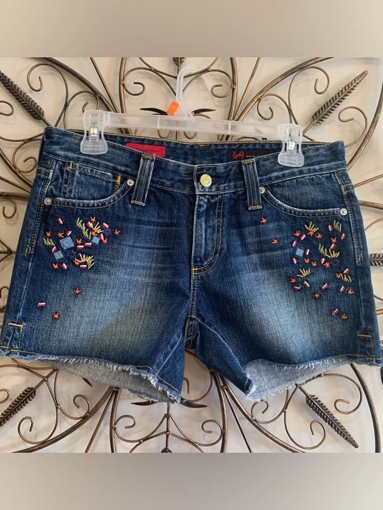 Ag Adriano Goldschmied Blue Denim Shorts with Embroidery and Beads 100% Cotton - Picture 1 of 9